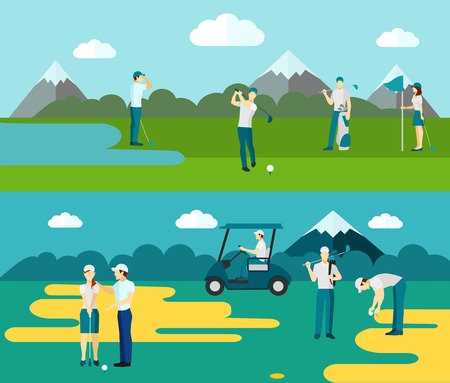 Popular outdoor ball and club sport 2 flat banners with golf course players abstract isolated vector illustrationのイラスト素材