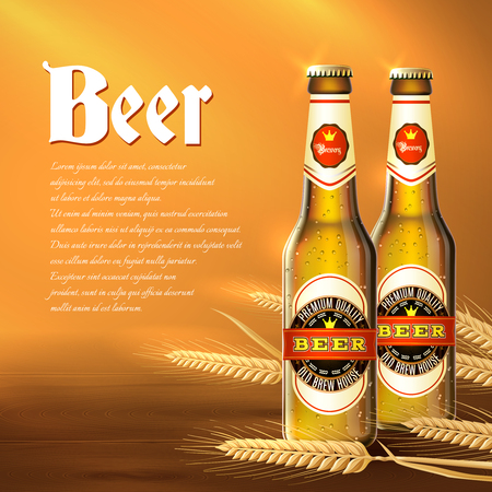 Beer background with realistic glass bottles and wheat ears vector illustrationのイラスト素材