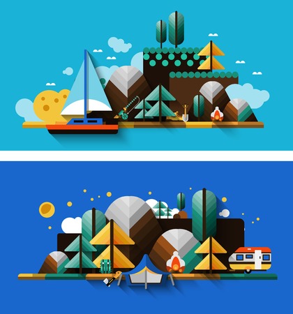 Summer travel and camping landscapes horizontal banner set isolated vector illustrationのイラスト素材