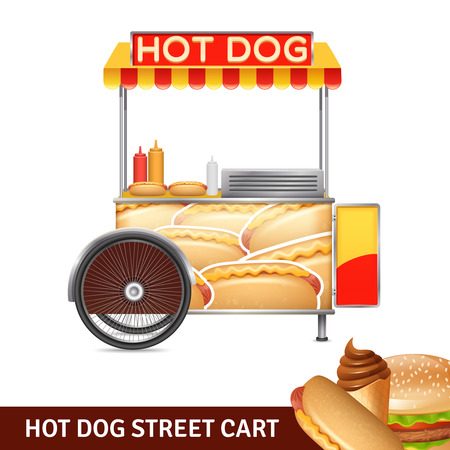 Hot dog street cart with ketchup mayonnaise and mustard realistic vector illustrationのイラスト素材
