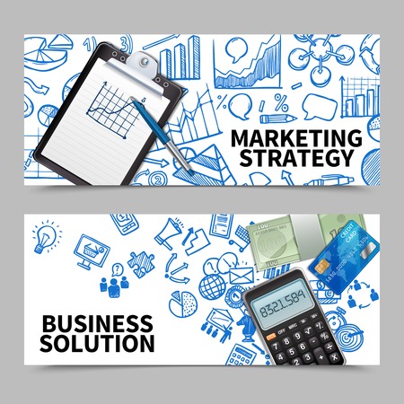 Marketing strategy and business solution horizontal banner set isolated vector illustrationのイラスト素材