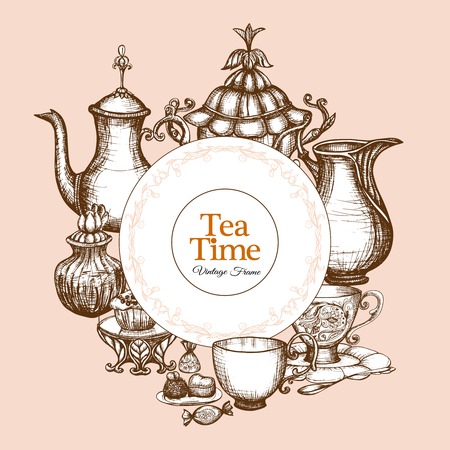 Vintage tea frame with traditional sketch kitchen utencil vector illustrationのイラスト素材