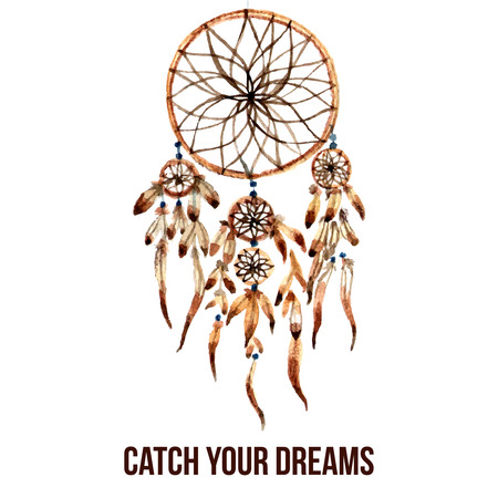 Native american indian magical dreamcatcher with sacred feathers to catch dreams watercolor pictogram icon abstract vector illustrationのイラスト素材