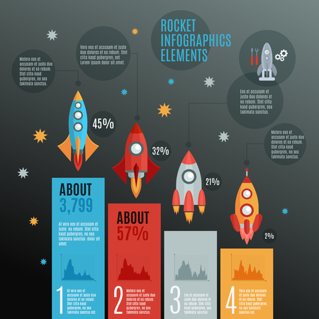Rockets and launch Infographic set with repairs models and space flat vector illustrationのイラスト素材