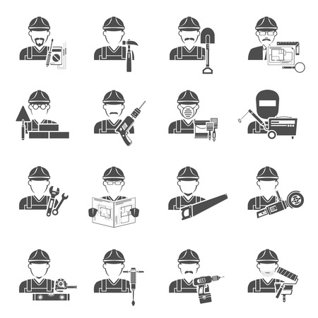 Worker icons black set with painter lumberjack and labor avatars isolated vector illustrationのイラスト素材