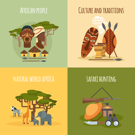 African world people traditions   hunting 4 flat icons square composition banner abstract isolated vector illustrationのイラスト素材