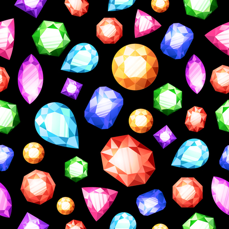 Bright gemstones on black background realistic seamless pattern isolated vector illustrationのイラスト素材