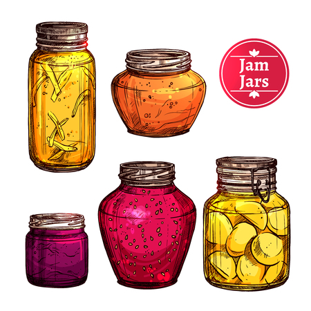Colored hand drawn jam glass jars set isolated vector illustrationのイラスト素材