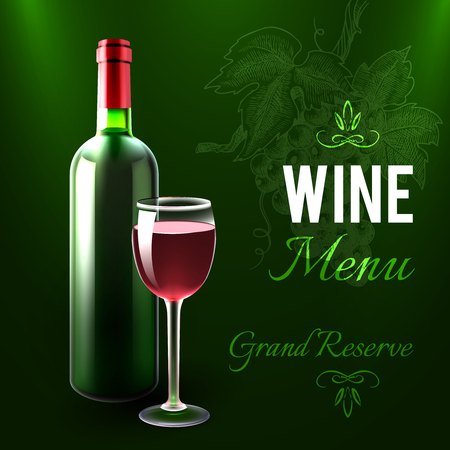 Wine menu template with red wine bottle and glass realistic vector illustrationのイラスト素材