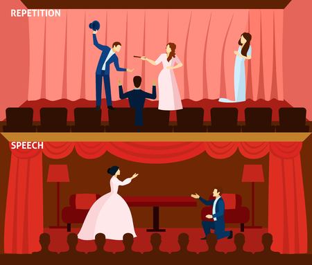 Final rehearsal presentation and stage performance love scene 2 flat horizontal banners poster abstract isolated vector illustrationのイラスト素材