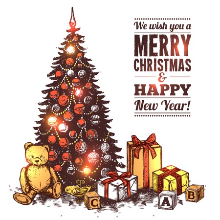 Merry christmas card with hand drawn pine tree and children gifts vector illustrationのイラスト素材