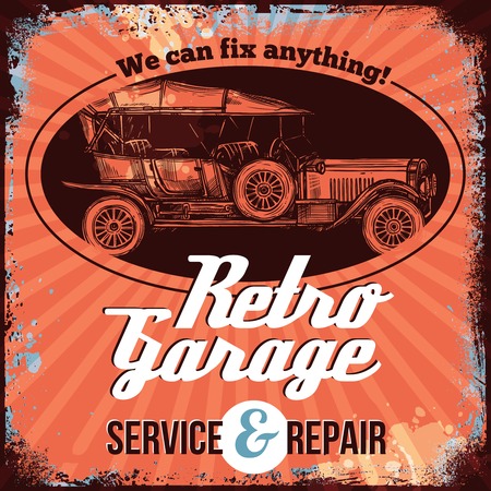 Vintage car service emblem design with hand drawn auto vector illustrationのイラスト素材