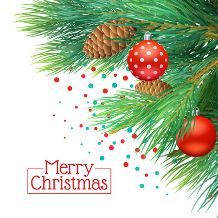 Christmas tree branches realistic background with cones and tree decorations vector illustrationのイラスト素材