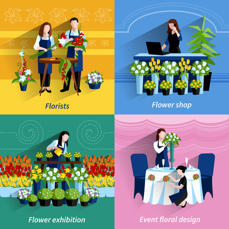 Flowers exhibition and special events floral design arrangements 4 flat icons square composition abstract isolated vector illustrationのイラスト素材