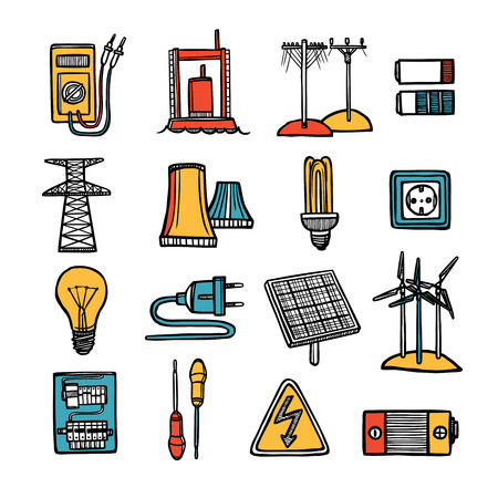 Power energy and electricity devices tools and symbol flat color doodle icon set isolated vector illustrationのイラスト素材