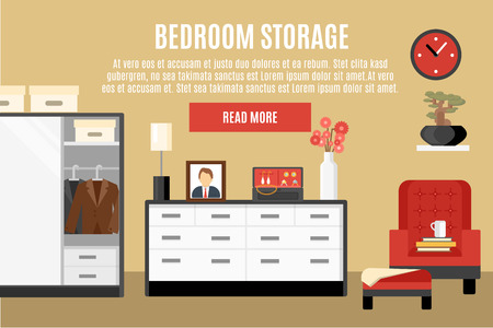 Bedroom storage with chest of drawers jewelry case and wardrobe flat vector illustrationのイラスト素材