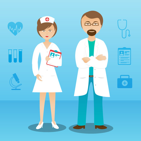 Medical personnel in white lab coat whole length man woman doctor assistant professionals characters abstract vector illustrationのイラスト素材