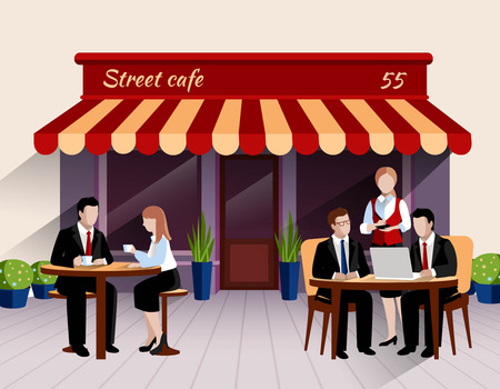 Street cafe outdoor terrace business lunch scene with waitress taking order flat banner print abstract vector illustration.のイラスト素材