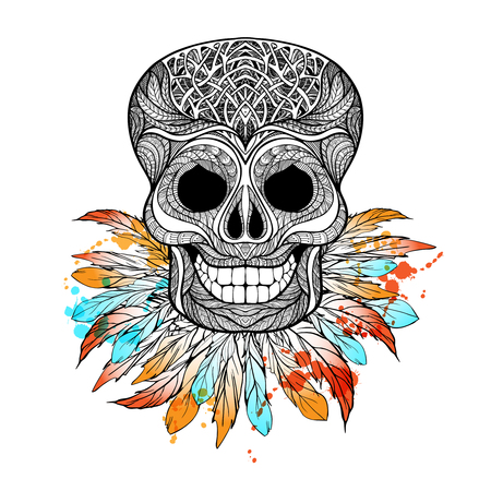 Tribal skull with decorative ornament and color feathers hand drawn vector illustrationのイラスト素材