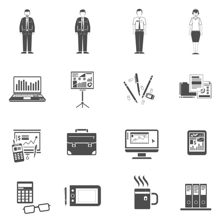 Office life icons black set with business process equipment isolated vector illustrationのイラスト素材