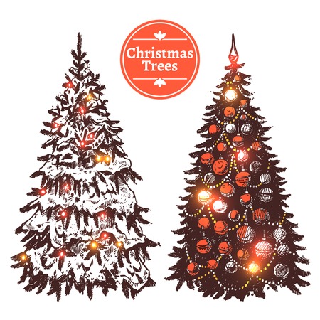 Hand drawn christmas tree decorated with balls and covered wish snow set isolated vector illustrationのイラスト素材
