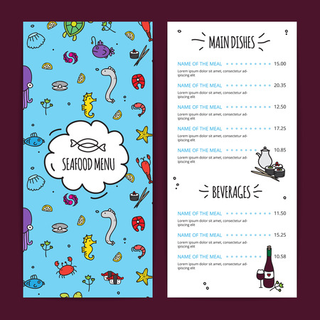 Seafood menu design set with main dishes and beverages flat isolated vector illustrationのイラスト素材