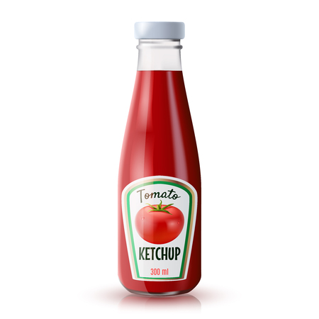 Traditional glass tomato ketchup bottle isolated on white background realistic vector illustrationのイラスト素材