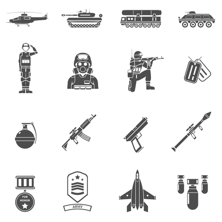 Army black white icons set with army transport uniform and weapons flat isolated vector illustrationのイラスト素材