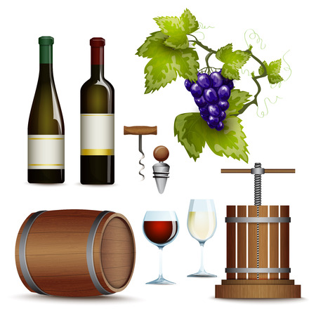 Traditional vinery farm production with  grape press and red wine bottle flat icons collection abstract vector illustrationのイラスト素材