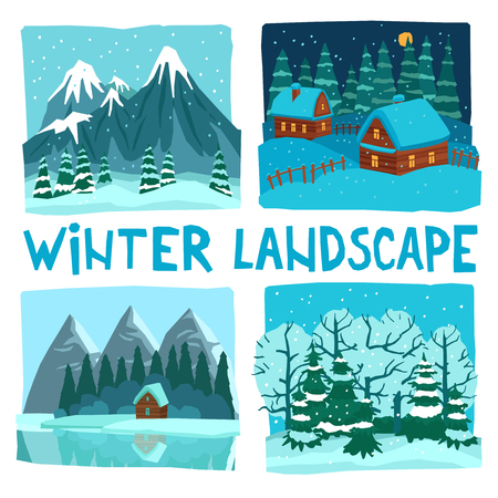 Winter landscape in digital graphic or video game style flat color concept isolated vector illustrationのイラスト素材