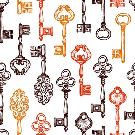 Vintage old style decorated keys hand drawn seamless pattern vector illustrationのイラスト素材