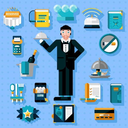 Restaurant services icons set with butler figure serving food isolated vector illustrationのイラスト素材