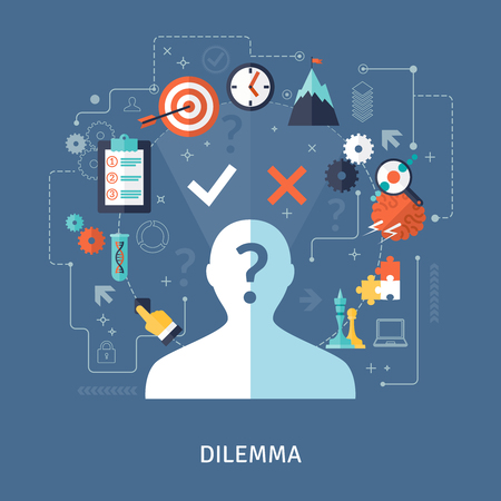 Dilemma concept with target plan and strategy symbols on blue background flat vector illustrationのイラスト素材
