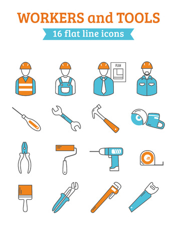 Construction project manager with foreman workers  and tools 16 line icons collection  poster abstract isolated vector illustrationのイラスト素材