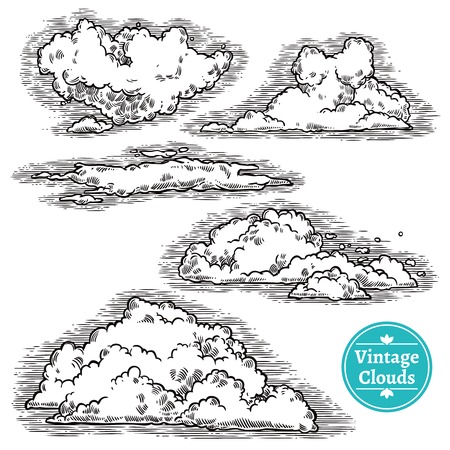 Hand drawn pencil engrave clouds icons set isolated vector illustrationのイラスト素材