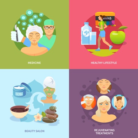 Rejuvenation procedures design concept set with medicine and healthy lifestyle flat icons isolated vector illustrationのイラスト素材