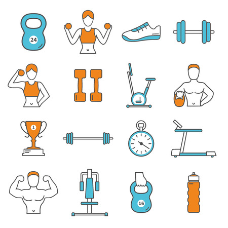Fitness flat color line icons set with training equipment, athletes and gear isolated vector illustrationのイラスト素材