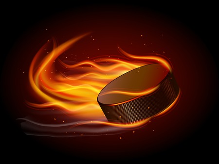 Realistic ice hockey puck in fire on black background vector illustrationのイラスト素材