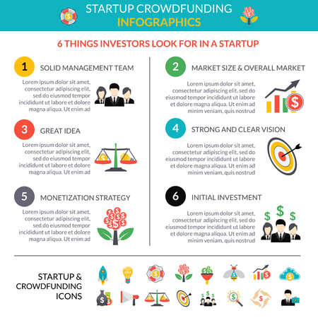 Business startup crowdfunding infographic layout poster with 6 important strategic hubs and pictograms symbols abstract vector illustrationのイラスト素材