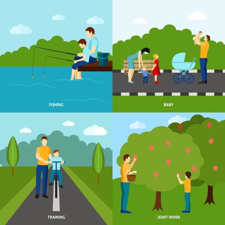 Four color  fatherhood flat posters set with father and his children vector illustrationのイラスト素材
