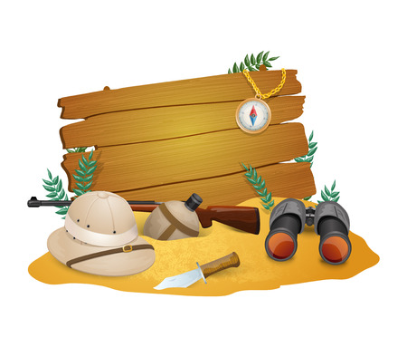  poster  for savanna  hunting with tourist  ammunition and  discovery accessories  vector illustrationのイラスト素材