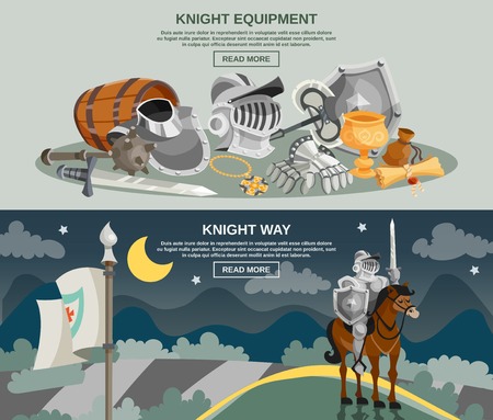 Knight horizontal banner set with medieval armor and weapon isolated vector illustrationのイラスト素材