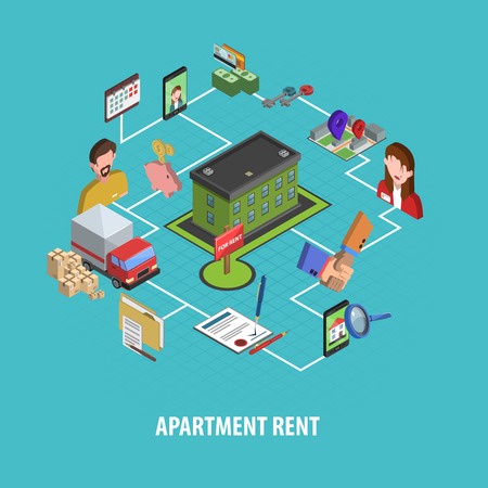 Real estate rent concept with isometric house searching and choosing icons vector illustrationのイラスト素材