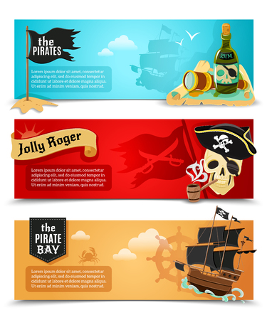 Pirates flat banners set with ship jolly roger and  triangle black hat symbols abstract isolated vector illustrationのイラスト素材