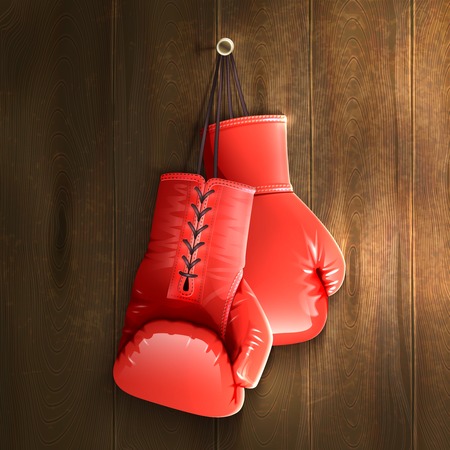 Red realistic boxing gloves hanging on wooden wall vector illustrationのイラスト素材