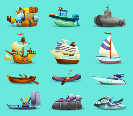 Ships and boats realistic icons set with motorboat submarine and yacht on blue background isolated vector illustrationのイラスト素材