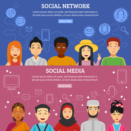 Social network and media horizontal banners set with different nationalities flat isolated vector illustrationのイラスト素材