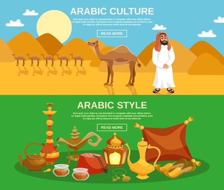 Illustration for Arabic culture horizontal banner set with food drinks and camels on desert background isolated vector illustration - Royalty Free Image