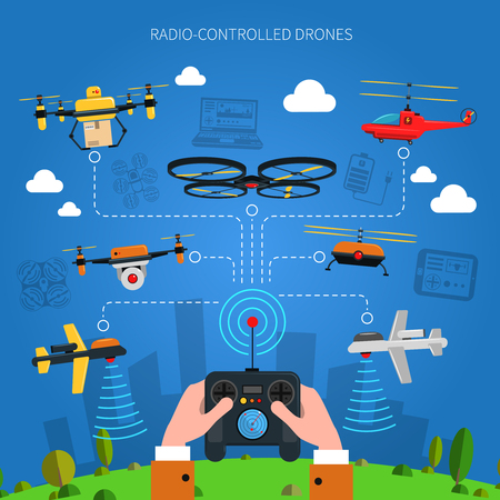 Radio-controlled drones concept with city grass and console in hands flat vector illustrationのイラスト素材