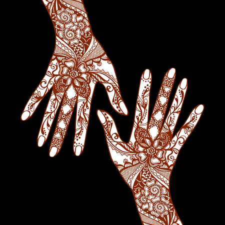Female hands covered with traditional indian mehendi henna tattoo ornaments on black background vector illustrationのイラスト素材